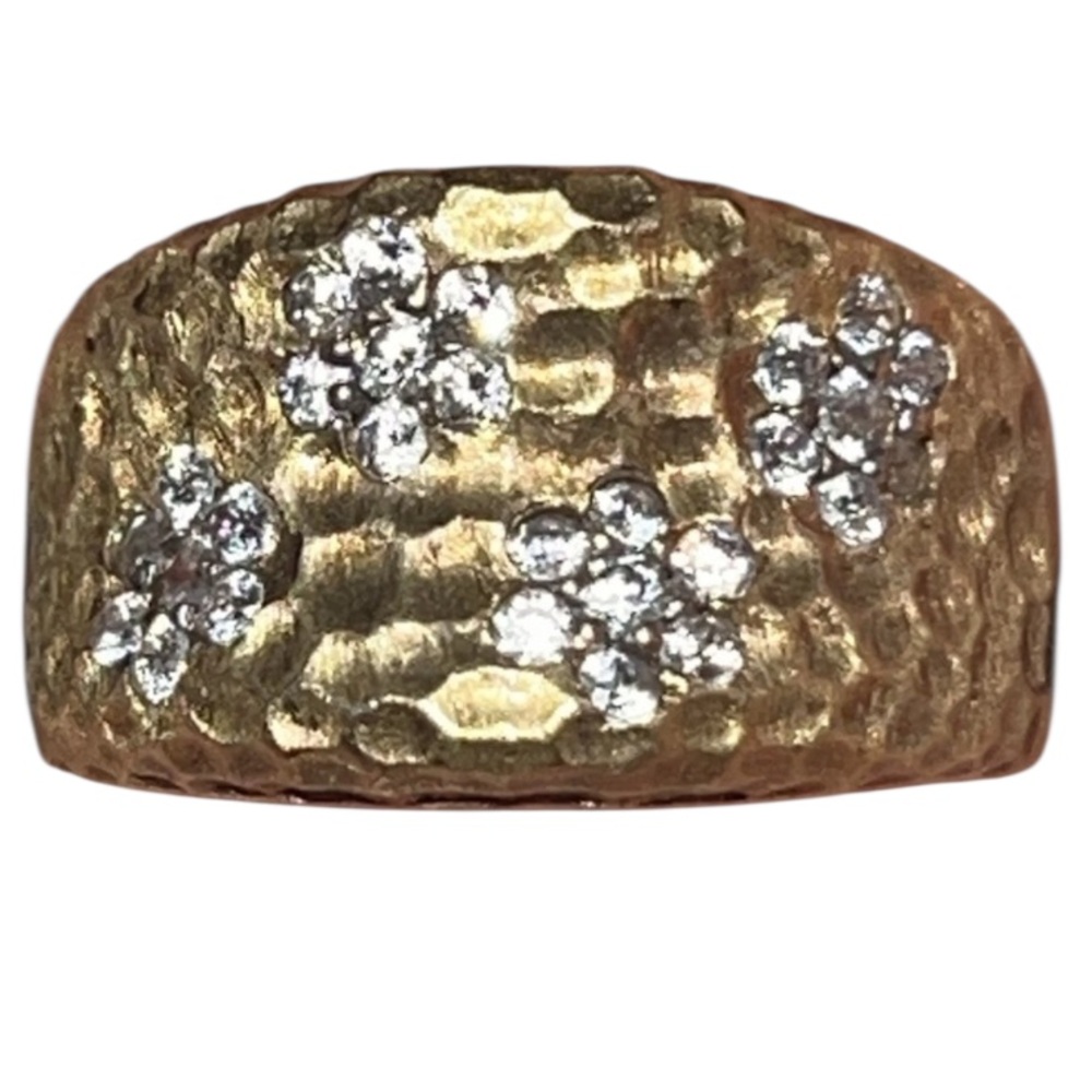 JSWJ CZ Flower Hammered Gold Plated Band Ring Sz 6